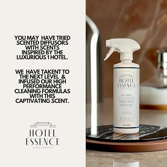 Hotel Essence Cleaner: Plant-Based Multi-Surface Cleaner & Odor Neutralizer, 16 oz, Leather, Cardamom, Lemon, Sandalwood, Cedarwood, Cinnamon, Vetiver, Amber, Musk, Iris, 16 Fl Oz (1)