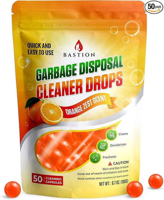 Bastion Garbage Disposal Cleaner and Deodorizer Drops- [[50-Count]] Orange Zest Scented Kitchen Sink Freshener Pods & Drain Odor Eliminator Disposer Care Balls
