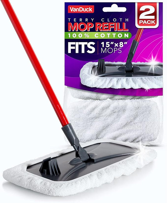 100% Cotton Pad Terry Cloth Mop Refills 15x8 inches, 2 Pack (Mop is Not Included)