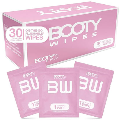 BOOTY WIPES for Women - 30 Individually Wrapped Flushable Feminine Wet Wipes for Travel, Flushable Wipes for Adults, pH Balanced Wipes with Vitamin E & Aloe Vera