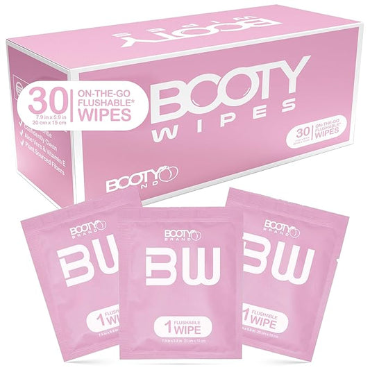 BOOTY WIPES for Women - 30 Individually Wrapped Flushable Feminine Wet Wipes for Travel, Flushable Wipes for Adults, pH Balanced Wipes with Vitamin E & Aloe Vera