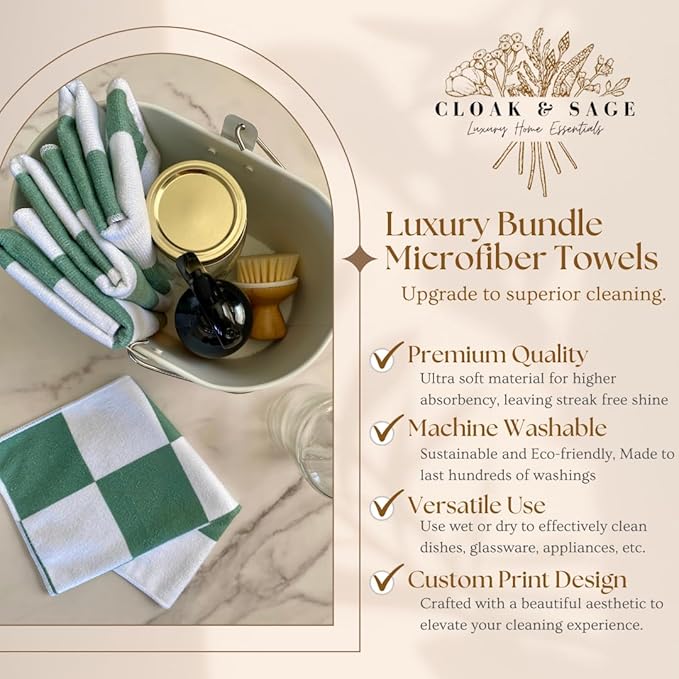 Cloak & SAGE 13" x 13" Luxury Microfiber Cleaning Cloths | Sage – 8 Pack | Premium Checkered All-Purpose Microfiber Towels for Cleaning Glass, Kitchens, Bathrooms, Automotive, & Supplies (8, Sage)