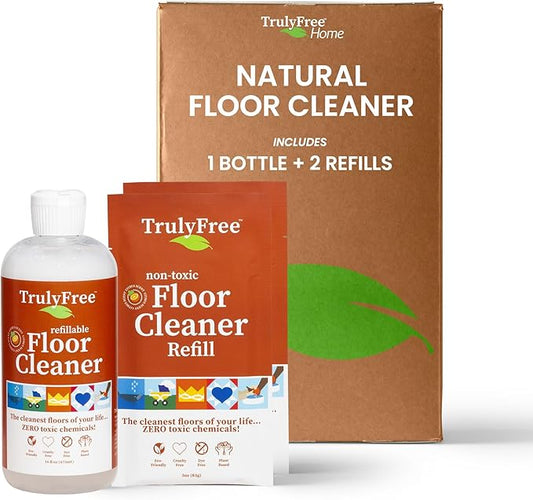 Floor Cleaner Kit - Plant-Based Mopping Solution (16oz Reusable Empty Bottle + Two Pouches, 3oz ea.) - DIY All-Surface Cleaner for Hardwood, Tile, Wood & Concrete