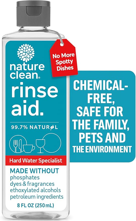Nature Clean All Natural Dishwasher Rinse Aid Cleaner, Liquid Dishwasher Rinse Agent for Spot-Free Glass & Cutlery in Hard Water, Non Toxic Dish Washer Rinse Aid & Stain Remover, 8 oz/250ml, Pack of 1
