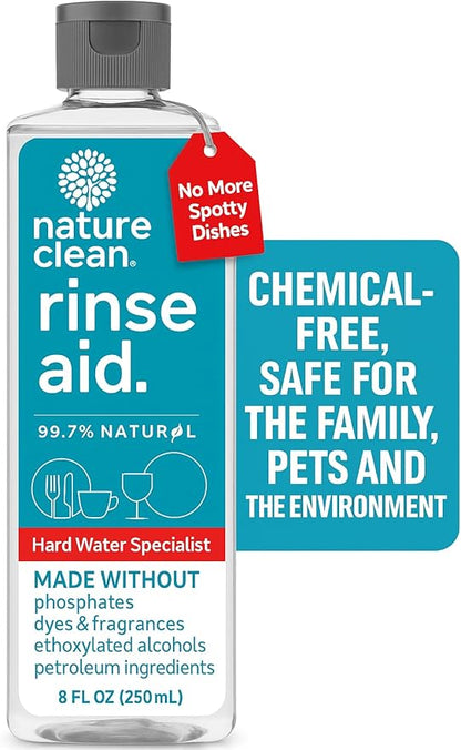 Nature Clean All Natural Dishwasher Rinse Aid Cleaner, Liquid Dishwasher Rinse Agent for Spot-Free Glass & Cutlery in Hard Water, Non Toxic Dish Washer Rinse Aid & Stain Remover, 8 oz/250ml, Pack of 1