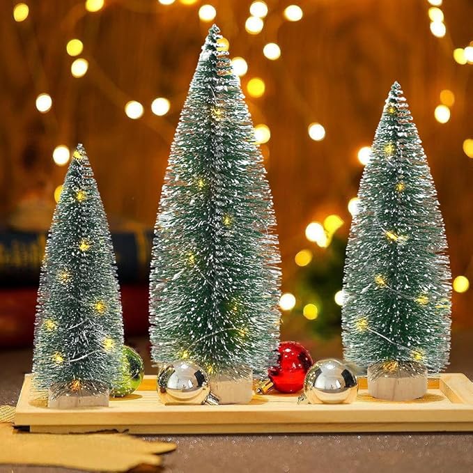 3 PCS Mini Bottle Brush Christmas Trees with Lights, Miniature Tabletop Christmas Tree for Christmas Decorations Indoor, Desktop Pine Tree Xmas Holiday Decor