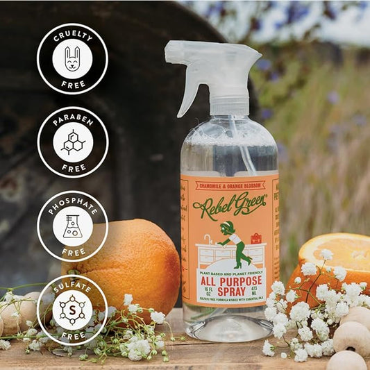 Rebel Green Natural All-Purpose Cleaning Spray - Essential Oil Multi-Surface Cleaner - Kid Safe, Pet Safe & Sustainable Cleaning Products -Orange & Chamomile - (16 Ounce Bottles, 2 Pack)