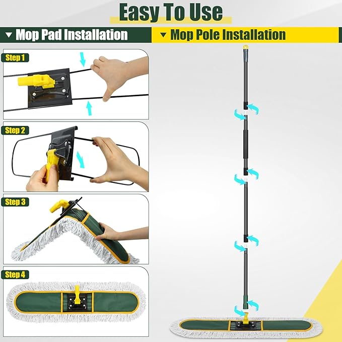 24" Commercial Dust Mop for Floor Cleaning, Heavy Duty Large Mop with Replacement Mops Pads, Industrial Duster Floor Wet Dry Broom for Cleaning Office Garage Hardwood Warehouse (Green, 24" mop)