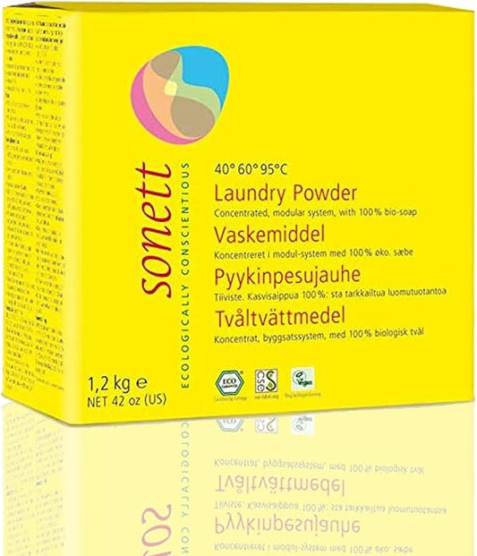 Sonett Organic Laundry Powder Detergent for Colors 42oz / 1.2kg - With organic vegetable oil soap, without enzymes, GMO-free.Suitable for all coloured and white textiles made from cotton, linen, hemp.