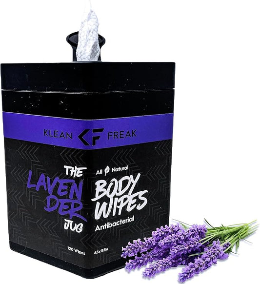 Body Wipes - for Face and Body, No Water, Wipe Away Sweat and Odor, Large Textured, Travel, Gym, Camping and More, 120 Cnt Jug (Lavender Jug)