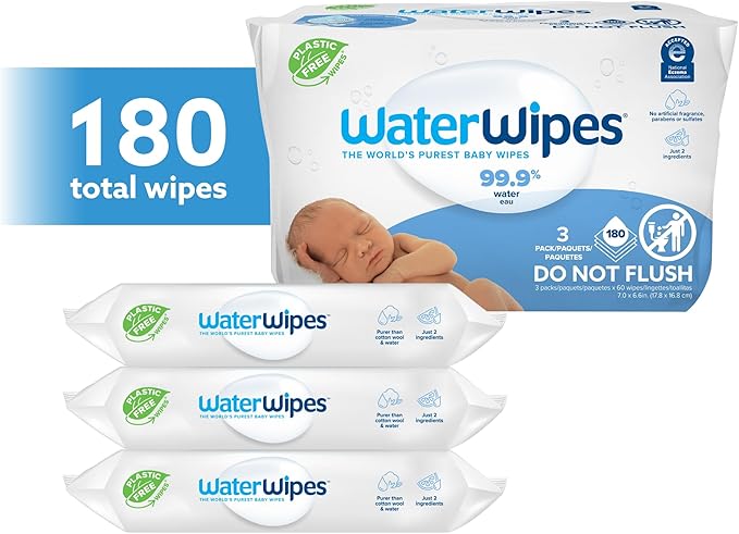 WaterWipes Plastic-Free Original Baby Wipes, 99.9% Water Based Wipes, Unscented & Hypoallergenic for Sensitive Skin, 180 Count (3 packs), Packaging May Vary