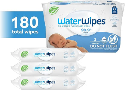 WaterWipes Plastic-Free Original Baby Wipes, 99.9% Water Based Wipes, Unscented & Hypoallergenic for Sensitive Skin, 180 Count (3 packs), Packaging May Vary