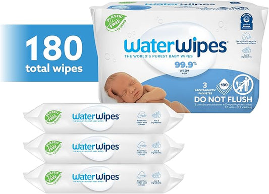 WaterWipes Plastic-Free Original Baby Wipes, 99.9% Water Based Wipes, Unscented & Hypoallergenic for Sensitive Skin, 180 Count (3 packs), Packaging May Vary