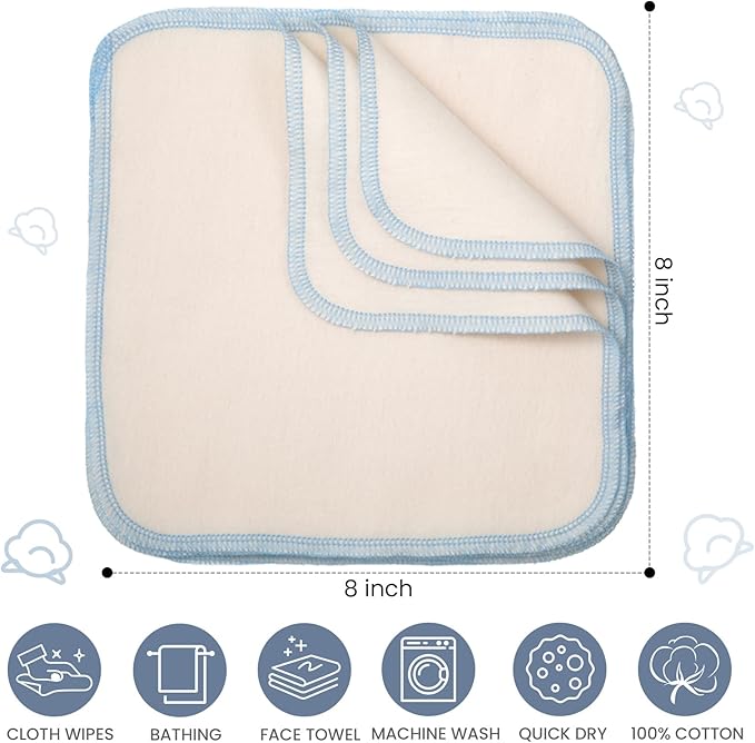 Mixweer 48 Pcs Flannel Cloth Baby Wipes Reusable Baby Diapers Wipes Washable Natural Unbleached Face Wipes Soft and Sturdy Cloth Wipes 8 Colors Outer Stitching 8 x 8 Inches