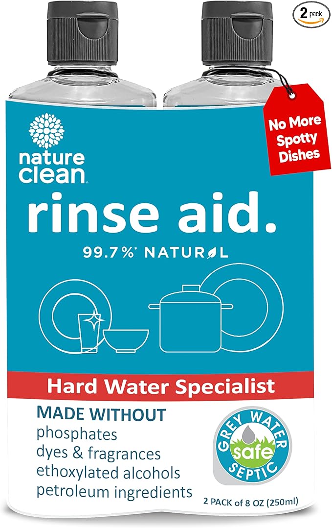 Nature Clean Natural Dishwasher Rinse Aid Liquid, Plant-Based Dishwasher Drying Agent with 99.7% Natural Ingredients, Unbelievable Power and No Nasty Chemicals. Hard Water Stain Remover. 8 oz 2-pack