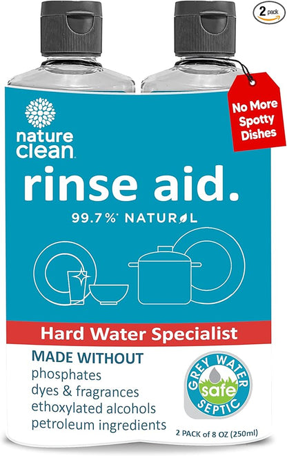 Nature Clean Natural Dishwasher Rinse Aid Liquid, Plant-Based Dishwasher Drying Agent with 99.7% Natural Ingredients, Unbelievable Power and No Nasty Chemicals. Hard Water Stain Remover. 8 oz 2-pack