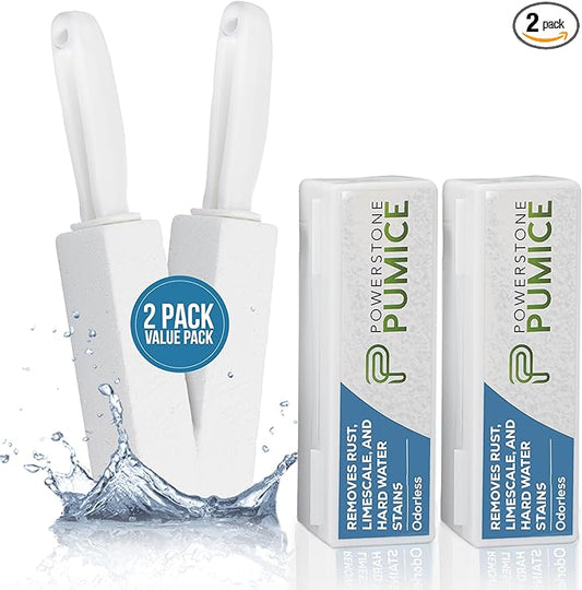 Powerstone Pumice Stone Toilet Bowl Cleaner with Handle (2-pack) - A Solution for Hard Water Stains on Toilets, Grills, Tiles, Grout & Pools