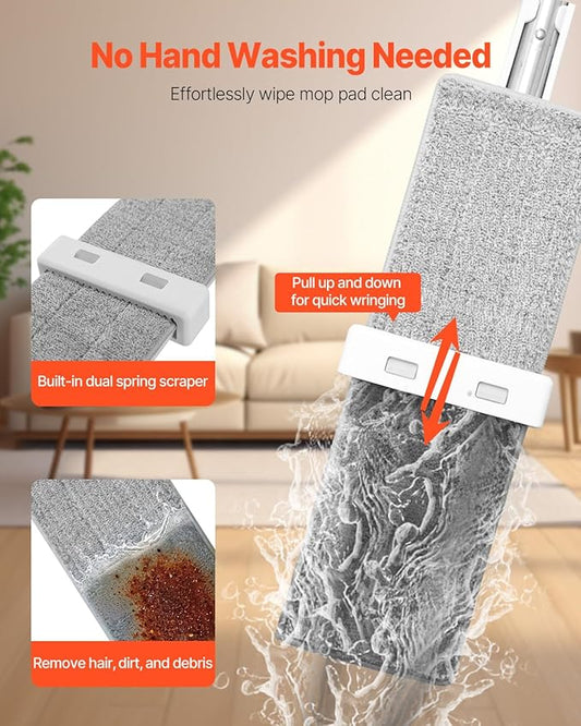 VEVOR Flat Mop, Self Wringing, Microfiber Floor Cleaner with 4 Reusable & Washable Pads for Dry & Wet Floor Cleaning, Microfiber Flat Mop with Stainless Steel Handle for Hardwood Laminate Tile Vinyl