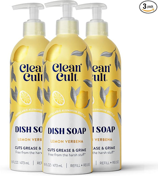 Cleancult - Lemon Verbena - Liquid Dish Soap - Refillable Aluminum Bottle - Dish Soap that Cuts Grease & Grime - 16 oz - 3 Pack