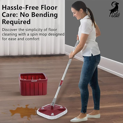 WILD GOAT Clean Water Spin Mop - Including 3 Heavy Duty Machine Washable Cleaning Pads with Wall Mountable Mop Holder - Dual-Chamber Bucket, Separates Clean & Dirty Water - 360° Rotatable Mop Head