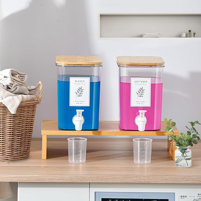 Liquid Laundry Detergent Dispenser Set with Shelf and Bamboo Lids for Laundry Room Organization and Storage - 2 Pack 90 oz Laundry Containers for Laundry Soap, Fabric Softener