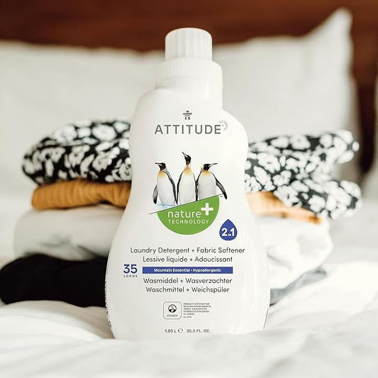 ATTITUDE 2-in-1 Liquid Laundry and Fabric Softener Detergent, EWG Verified Laundry Soap, HE Compatible, Vegan, Cruelty-Free, Mountain Essentials, 35 Loads, 35.5 Fl Oz (Pack of 6)
