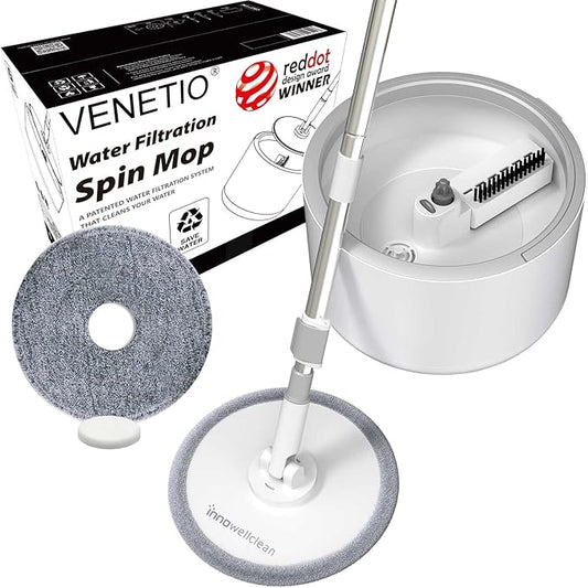 VENETIO Water Filtration Microfiber Spin Mop and Bucket Set – Self Wringing Wet Dry All-in-One Round Mop System with 2 Pads, Safe on All Floor Types Hardwood, Marble, Tile, Vinyl, Laminate, White/Grey