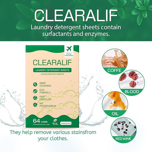 CLEARALIF Laundry Detergent Sheets, Unscented, 64 Load, CLEARALIF Laundry Detergent Strips Eco Friendly & Hypoallergenic