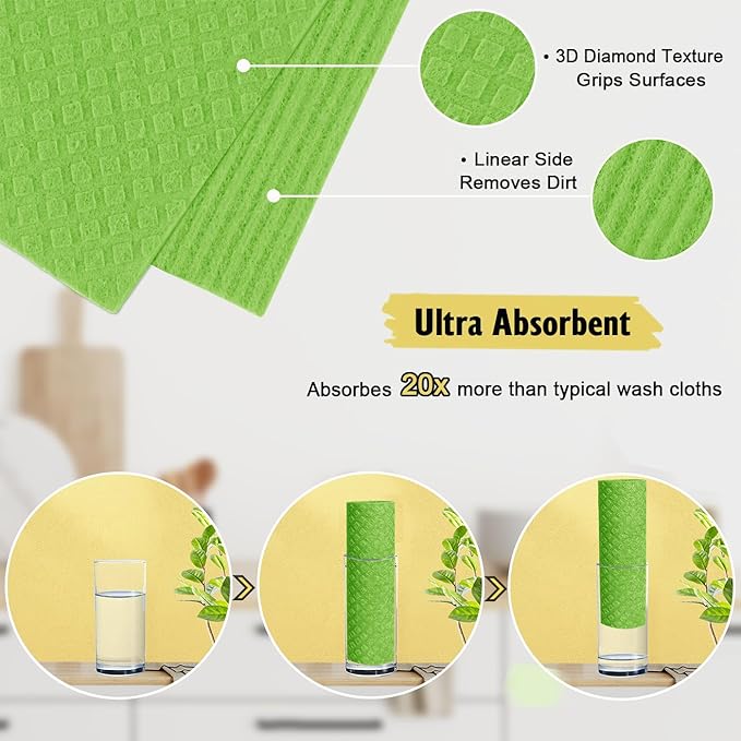 Swedish Dishcloths for Kitchen | 10 Pack Absorbent Cellulose Sponge Cloths Washable | Non-Scratch Reusable Paper Towels Quick Drying Cleaning Rag - Lime Green