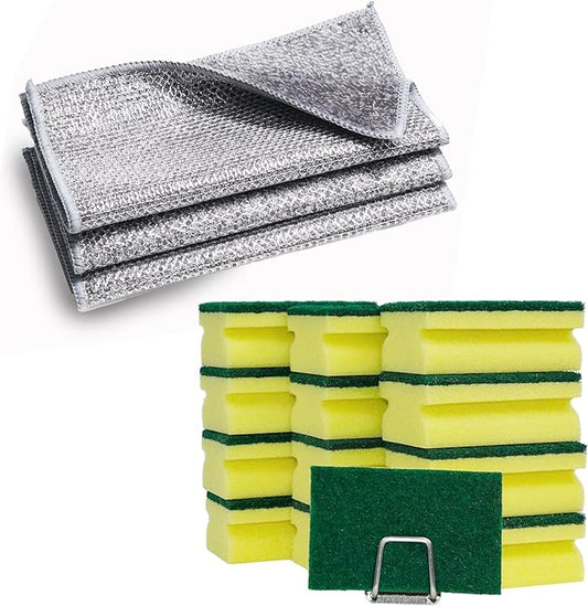 3 Pcs 2-Layer Super Absorbent Bamboo Charcoal Dish Cloths,12 Pcs Non-Scratch Sponges Scrub Pads for Dishes, Sinks, Stove