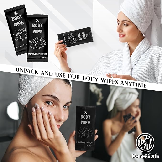 Timgle 200 Pcs Body Wipes Individually Wrapped Bath for Adults Face Hand Deodorant Body Wipes Pearl Pattern Wet Shower with Aloe Bathing Disposable Cleansing for Travel Gym Travel(Black Background)