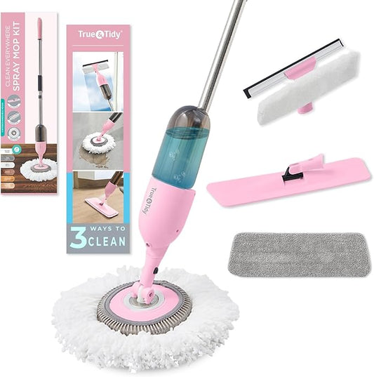 True & Tidy® Clean Everywhere Spray Mop Kit with Three Interchangeable Heads and Refillable Tank- Includes Flat Head, Round Mop, Window Squeegee (Pink)