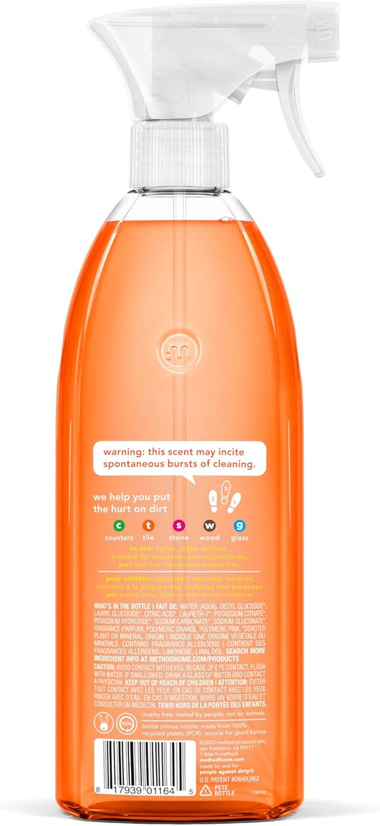 Method All-Purpose Cleaner Spray, Clementine, Plant-Based and Biodegradable Formula Perfect for Most Counters, Tiles, Stone, and More, 28 Oz Spray Bottles, (Pack of 8)