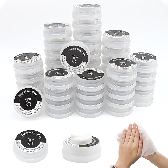50 PCS Hand Pop Hand Wipes, Press Push Up Lemon Non-stimulating Sanitizing Mini Clean Towelettes Sanitizer, A Fun Way To Open Magical Strong Cool Wet Dry Type Portable for Travel On-the-Go Black White