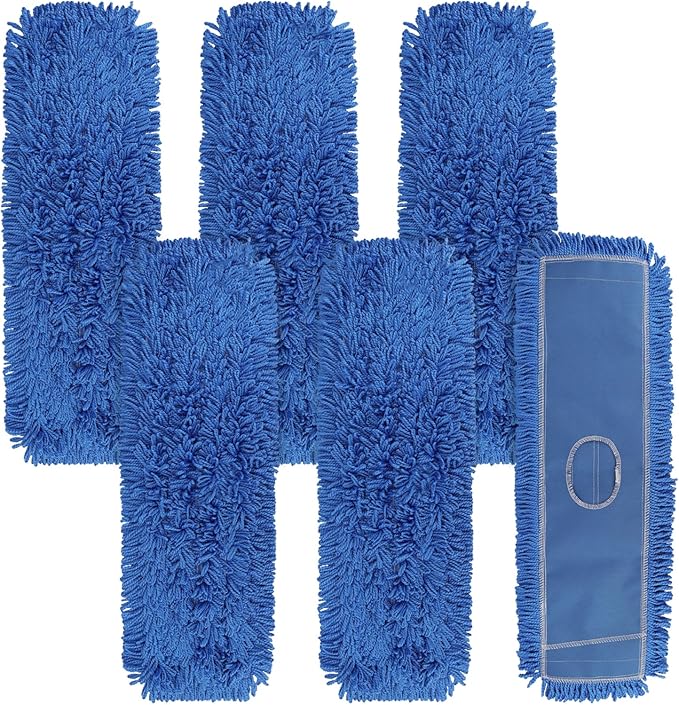 24 Inch Dust Mop Head: Replacement Medium Washable Commercial Mop Head - Sweeper and Janitorial Dust Mop Head Replacement Blue (Blue - 24 Inch, 6 Pack)