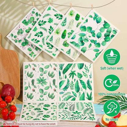 Lucomb 8 Pack Swedish Dish Cloths Washable, Reusable Cleaning Kitchen Paper Towel Sponge Dishcloths, Fast Drying Absorbent Hand Wipes Odorless Tea Towel for Kitchen Home Bar (Plants)