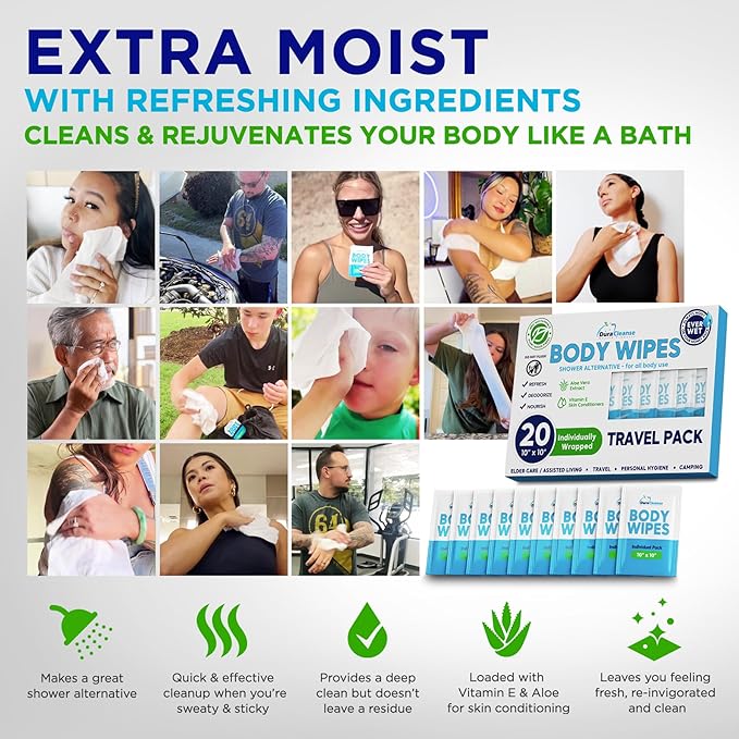 Body Wipes for Adults Bathing No Rinse - 20 Count Travel Shower Wipes - 9" x 12" Individually Wrapped Thick Cleansing Waterless Wash Scrubs - Disposable Washcloths for Camping & Elderly Incontinence