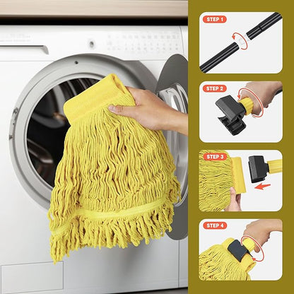 JEHONN Commercial Mop Heavy Duty Industrial String Mops with 57.5 inches Long Handle, Professional Dry Wet Cotton Mop for Cleaning Hardwood Floor Concrete Tile Home Kitchen Office Garage (Yellow)