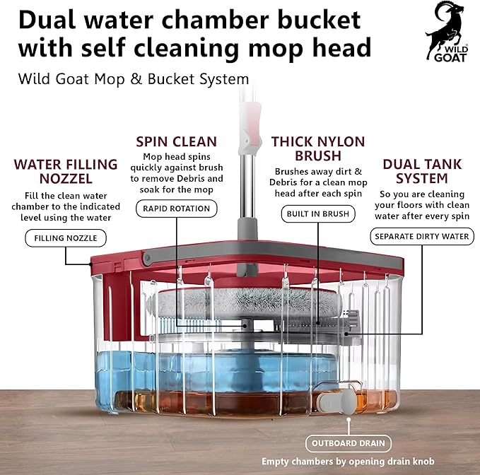 WILD GOAT Clean Water Spin Mop - Including 3 Heavy Duty Machine Washable Cleaning Pads with Wall Mountable Mop Holder - Dual-Chamber Bucket, Separates Clean & Dirty Water - 360° Rotatable Mop Head