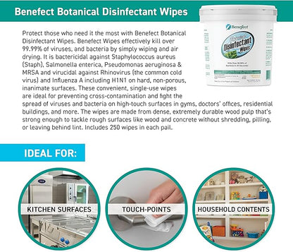 Benefect Botanical Disinfecting Wipes - (250 Wipe Count) Natural, No Residue - Antibacterial Disinfectant, Multi-Surface Cleaning and Sanitizing Wipes