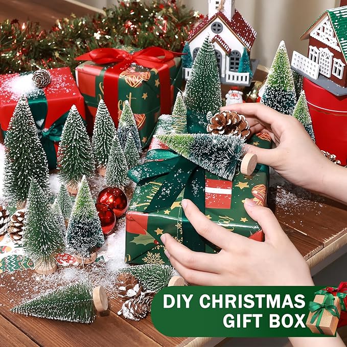 Set of 35PCS Mini Christmas Tree, Christmas Pine Cones, 2oz Fake Snow Powder, Mixed Christmas Decoration, Xmas Village Displays Winter DIY Crafts (Two-Tone Green)