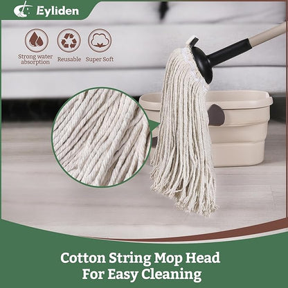 Eyliden String Mop with 2 Reusable Mop Heads, Non-Touch Replacement, Adjustable Cotton Mops for Floor Cleaning, No-Scratch Absorbent Classic Mop for Tile Concrete Wood Floor Kitchen Bathroom