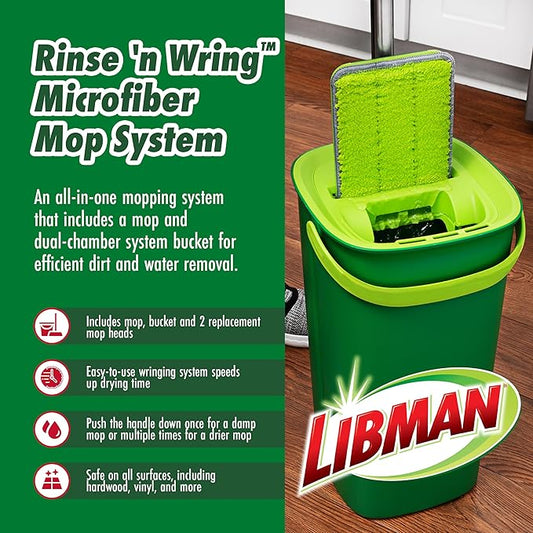 Libman Rinse 'n Wring Mop and Bucket System | Microfiber Floor Mop | Hardwood Floor Cleaner | Wet & Dry Mop | Clean & Dirty Water Chambers | Power Blades | 2 Total Microfiber Pads,Green