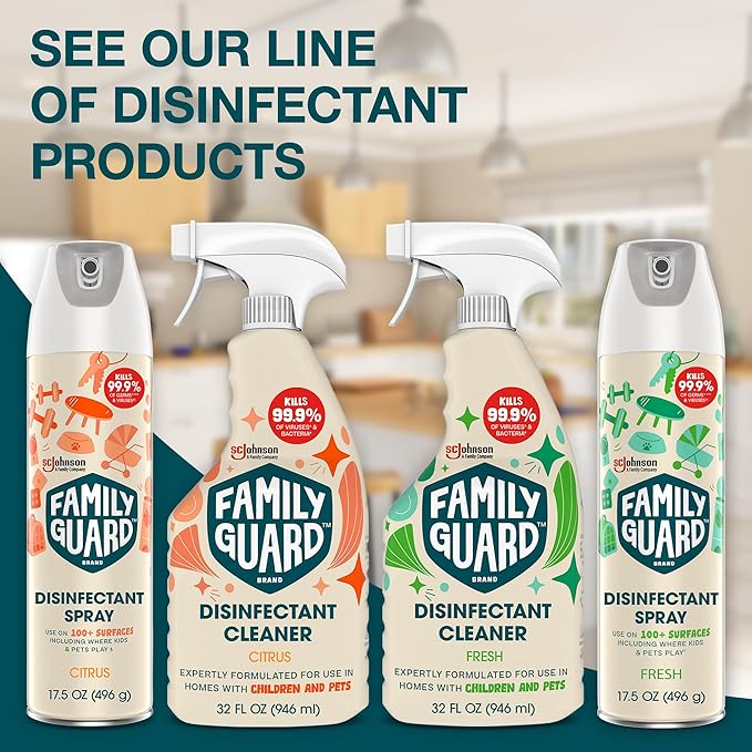 FAMILYGUARD Brand Disinfectant Spray Aerosol, Antibacterial & Sanitizing Spray, Use on 100+ surfaces including where kids & pets play, Fresh Scent, 17.5 oz (Pack of 2)