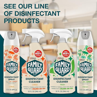 FAMILYGUARD Brand Disinfectant Spray Aerosol, Antibacterial & Sanitizing Spray, Use on 100+ surfaces including where kids & pets play, Fresh Scent, 17.5 oz (Pack of 2)