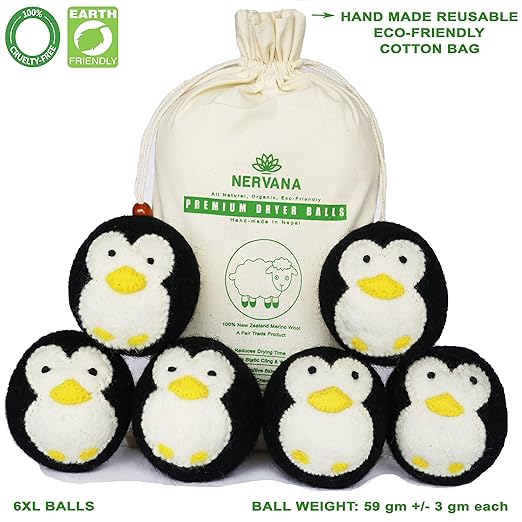 Organic Wool Dryer Balls - Penguins 6 XL Premium Quality Reusable Natural Fabric Softener, 100% Hand Made, New Zealand Merino Wool, Waddle of Penguins, Fair-Trade