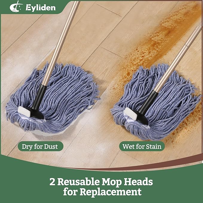 Eyliden String Mop with 2 Reusable Heads, Non-Touch Replacement Mops for Floor Cleaning, 4 Scouring Pads Adjustable Handle Floor Mop, Wet and Dry Cotton Mop for Any Surfaces, Commercial Home, Blue