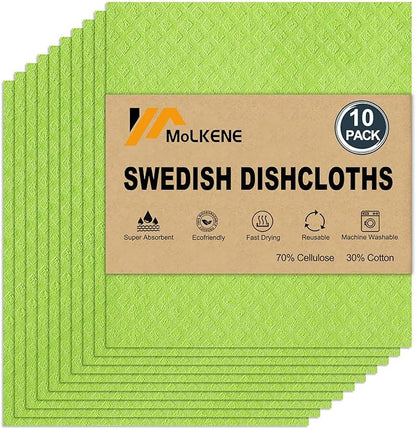 Swedish Dishcloths for Kitchen | 10 Pack Absorbent Cellulose Sponge Cloths Washable | Non-Scratch Reusable Paper Towels Quick Drying Cleaning Rag - Lime Green