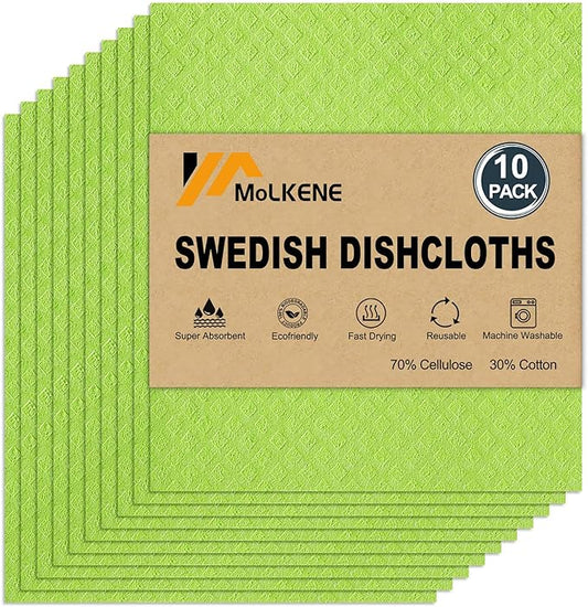 Swedish Dishcloths for Kitchen | 10 Pack Absorbent Cellulose Sponge Cloths Washable | Non-Scratch Reusable Paper Towels Quick Drying Cleaning Rag - Lime Green