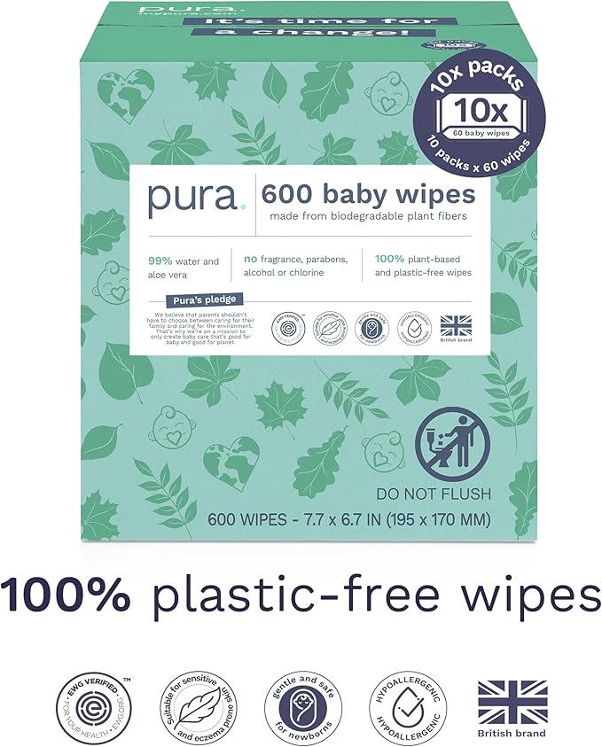 Pura Natural Sensitive Baby Wipes, 99% Water, Unscented & Hypoallergenic, Suitable for Sensitive & Eczema-prone Skin, Hypoallergenic, EWG Verified, 10 Pack of 60 Wet Wipes (600 Diaper Wipes) Bulk Buy